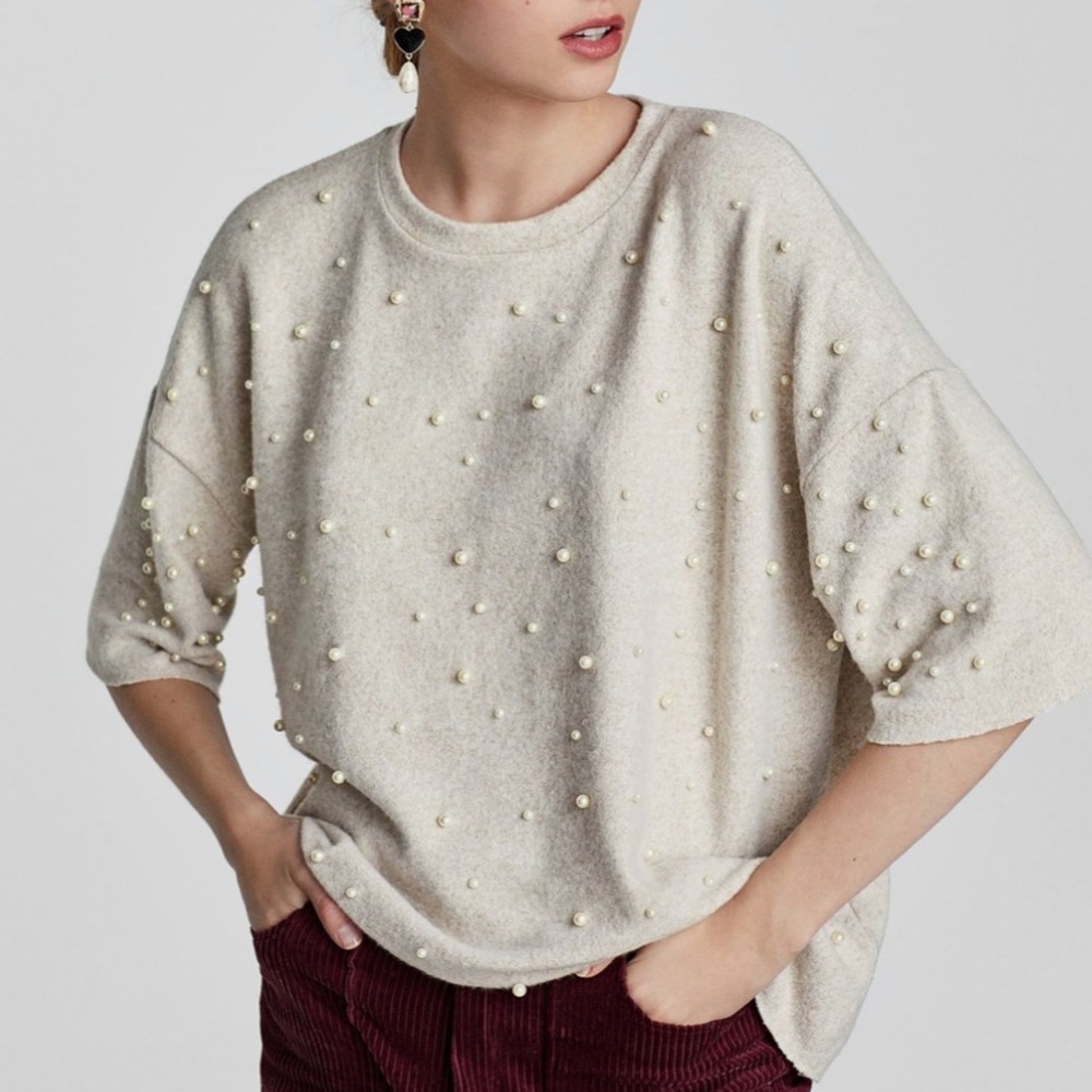 Zara Trafaluc Pearl Beaded Knit Quarter Sleeve Oatmeal Beige Sweater Size Small